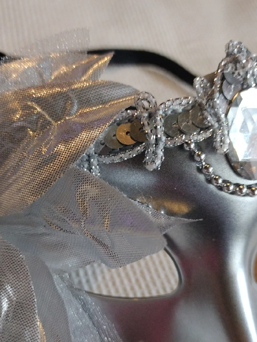 Silver Sequin Masquerade Mask with Fabric Flower